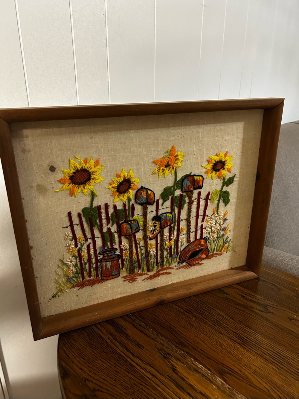 70s Handcrafted Sunflower Embroidery Wall Art - Yellow and Brown